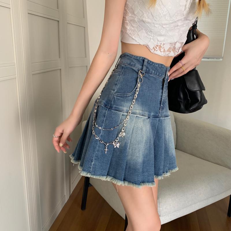 Tassel Women Pleated Skirt Fashion Jeans High Waist Blue A Line Denim Skirt Summer Casual Korean Pocket Ladies Mini Skirts