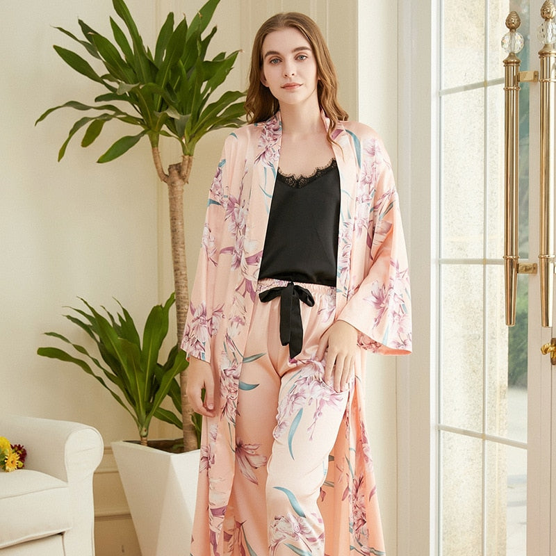 High Quality Women's Pajamas Long Robe Set Floral Paint Homewear Silk Like Bathrobe Casual Nightwear 3 Pcs Pyjamas New