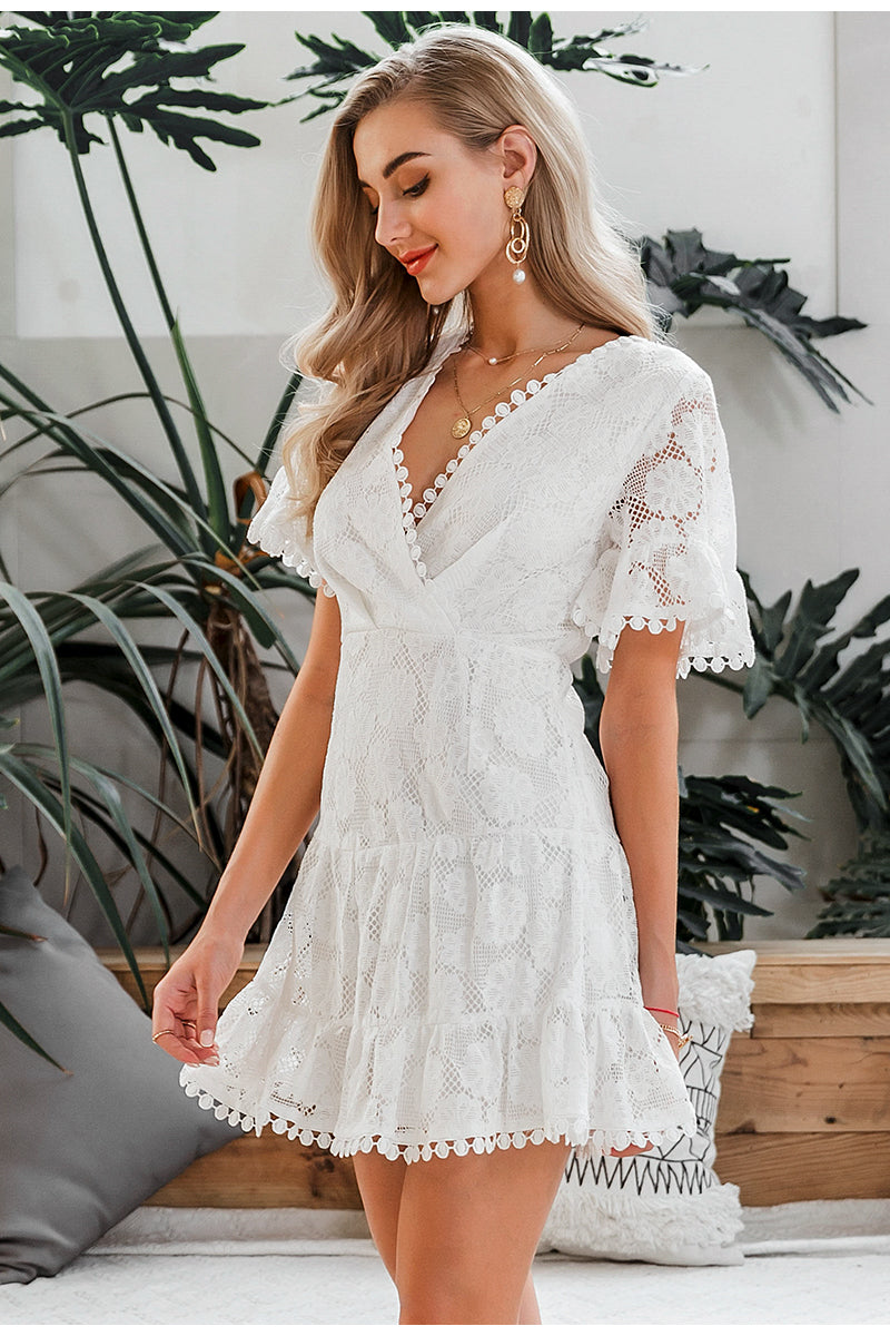 V-Neck Flower Lace Embroidery High Waist Holiday Beach Ruffled Cotton Mini Dress-women-wanahavit-White-S-wanahavit