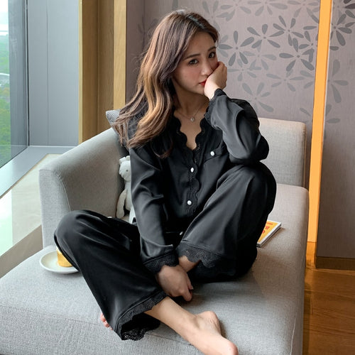 Load image into Gallery viewer, White silk like women&#39;s pajamas set autumn long-sleeved nighties palace style sleepwear set black beautiful home nighty suit
