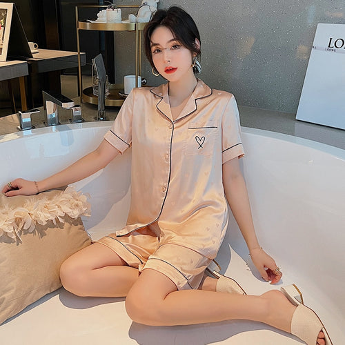 Load image into Gallery viewer, Women&#39;s Pajamas Set V Neck Luxury Style Fashion Heart Embroidered Sleepwear Silk Like Home Suit Nightwear Pijama Femme
