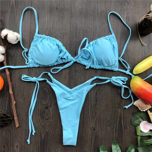 Load image into Gallery viewer, Wrinkled Lace Up Mini Thong Bikini Female Swimsuit Women Swimwear Two-Pieces Bikini set Tie Dye Bather Bathing Suit Swim V2552B
