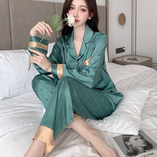 Load image into Gallery viewer, Women&#39;s Pajamas Set Fashion Sweet Heart Print Sleepwear Silk Like Nightie Leisure Home Clothes Nightwear Pyjamas Femme
