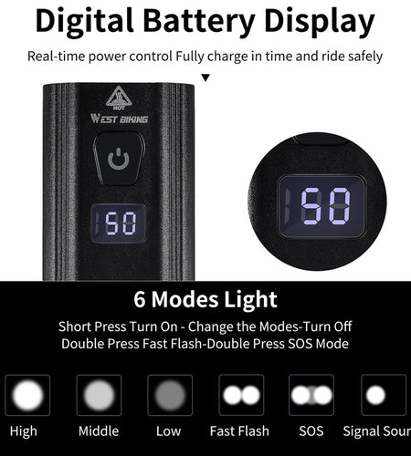 5200mAh 1200LM Bike Light 3 LED Battery Display USB Rechargeable Headlight Waterproof Cycling Front Lamp Power Bank