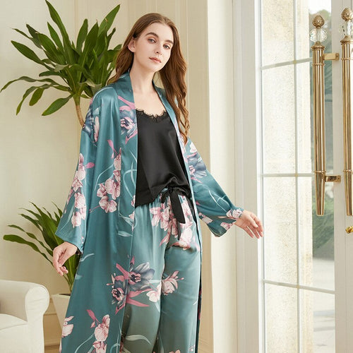 Load image into Gallery viewer, High Quality Women&#39;s Pajamas Long Robe Set Floral Paint Homewear Silk Like Bathrobe Casual Nightwear 3 Pcs Pyjamas New
