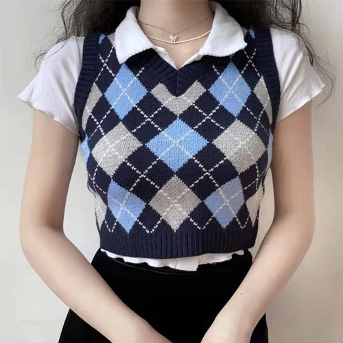 Load image into Gallery viewer, Argyle Women Vest Sweater Autumn Fashion V Neck Knitted Plaid Crop Sweater Casual V Neck Preppy Style Female Jumper Tops
