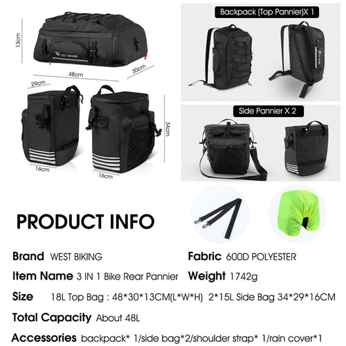 Load image into Gallery viewer, 3 In 1 Cycling Pannier 48L Large Capacity Bicycle Bag Waterproof MTB Mountain Bike Rear Seat Trunk Bags Backpack
