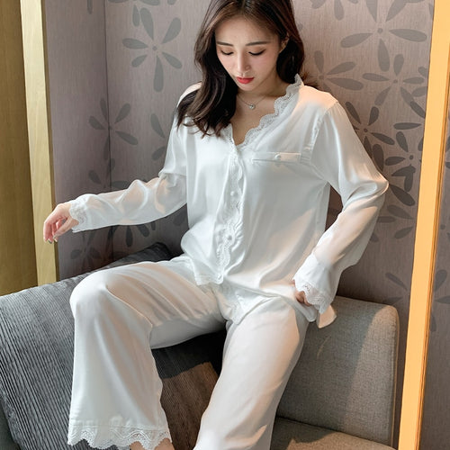 Load image into Gallery viewer, White silk like women&#39;s pajamas set autumn long-sleeved nighties palace style sleepwear set black beautiful home nighty suit
