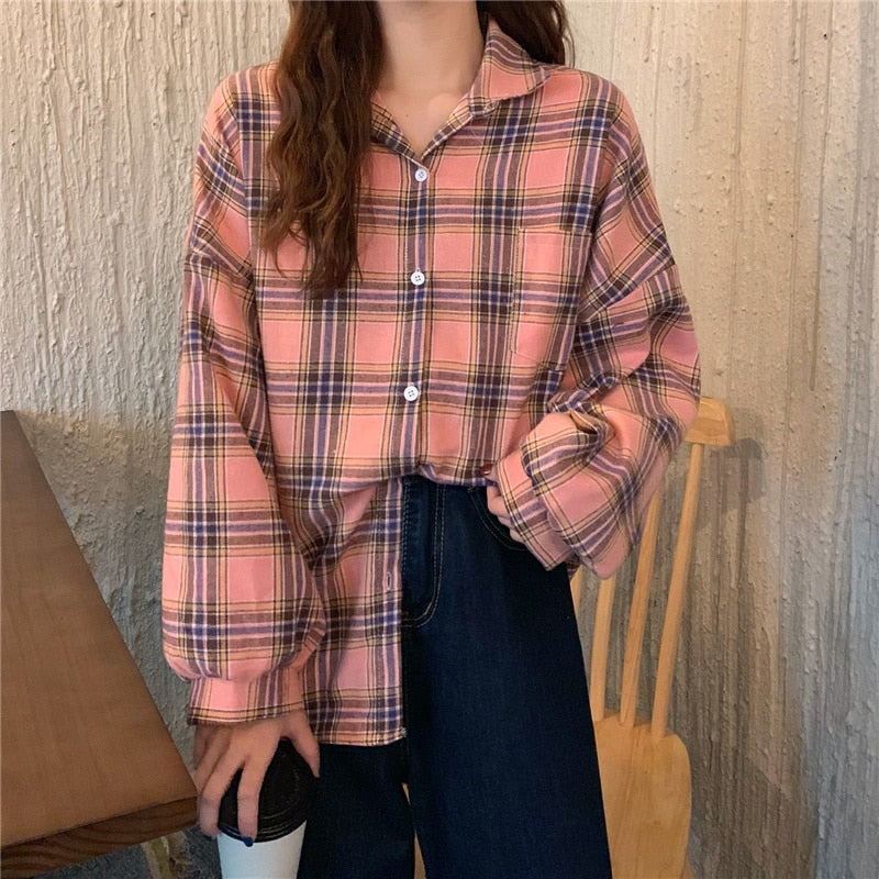 Plaid Women Shirt Loose Spring Long Sleeve Harajuku Korean Loose Ladies Blouse Casual Turn Down Collar Cotton Vintage Tops