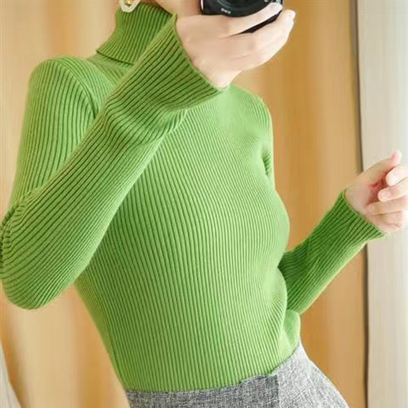Turtelneck Sweater Autumn Women Long Sleeve Soft Knitted Jumper Elastic Fashion Chic Korean Ladies Basic Blouse