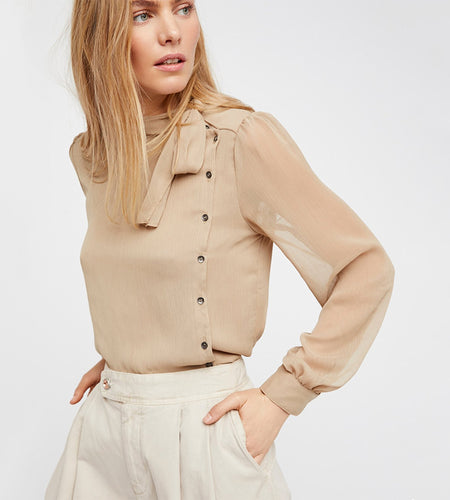 Solid Color Semi-Sheer Sexy Lace Up Belted Blouse-women-wanahavit-Light Khaki-XXL-wanahavit