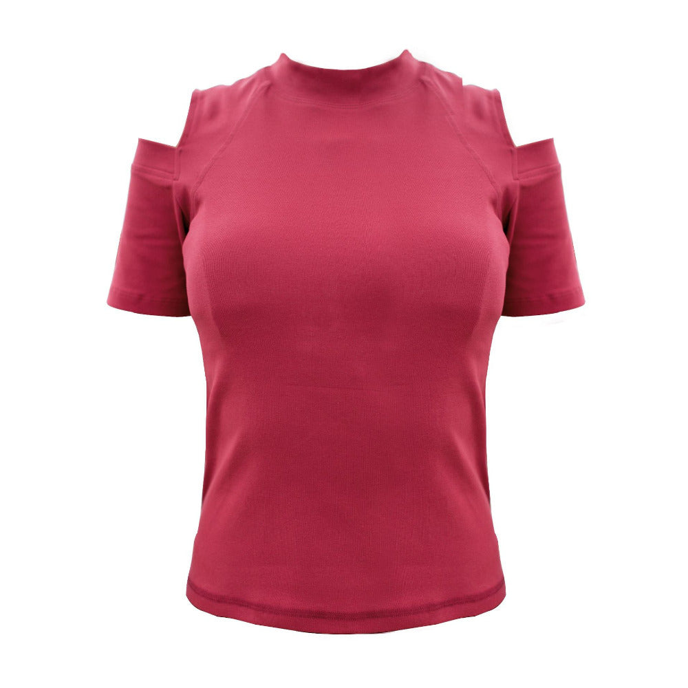 Bare Shoulder with Back Slit Short Sleeve Shirt-women fashion & fitness-wanahavit-Red-S-wanahavit