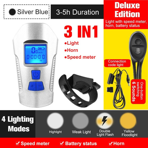 Load image into Gallery viewer, Waterproof Bicycle Light USB Rechargeable Bike Front Light Flashlight With Bike Computer LCD Speedometer Cycling Head Light Horn
