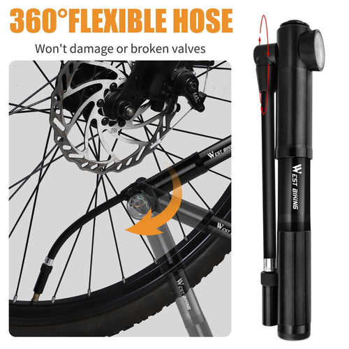 Load image into Gallery viewer, WEST BIKING MTB Road Mini Bicycle Pump 300 Psi High Pressure Cycling Air Pump Tire Inflator Hose Gauge Aluminum Alloy Bike Pump
