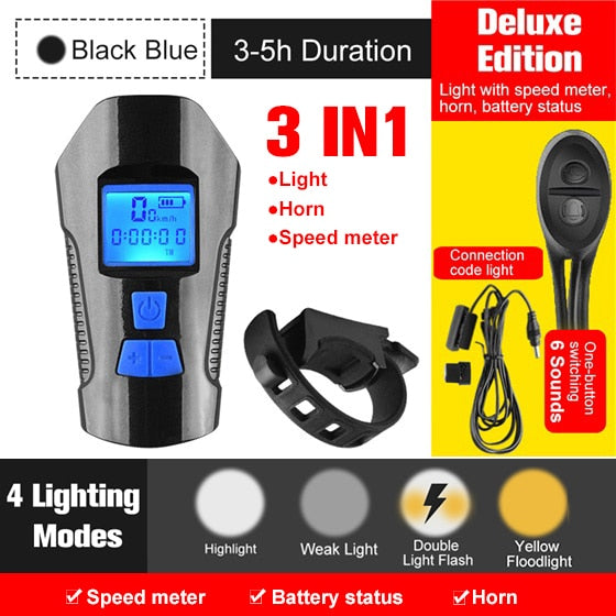 Waterproof Bicycle Light USB Rechargeable Bike Front Light Flashlight With Bike Computer LCD Speedometer Cycling Head Light Horn