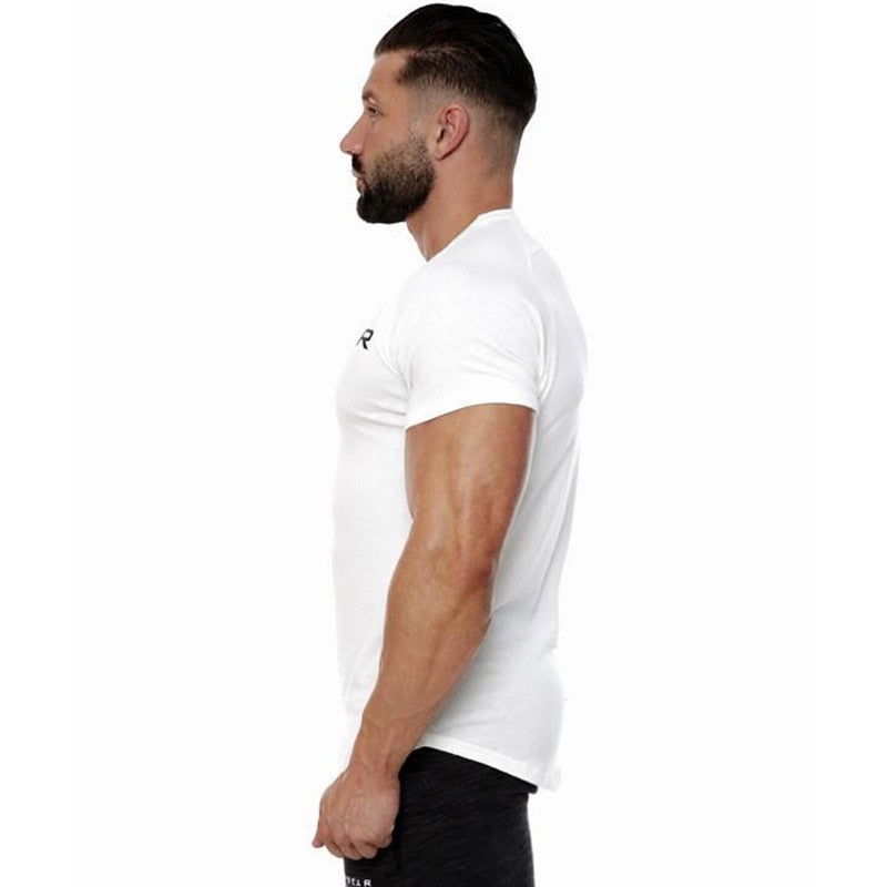 Men Cotton Short Sleeve T-shirt Summer Gym Fitness Bodybuilding Skinny Shirt Male Black Print Tees Tops Casual Fashion Clothing