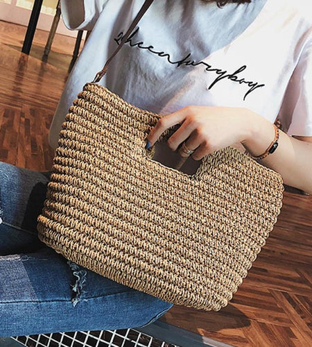 Weave Straw Braided Shoulder Tote Bag-women-wanahavit-Beige-wanahavit