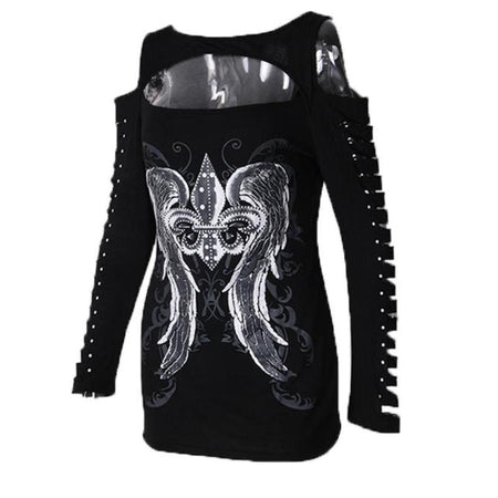 Wings Printed Punk Hollow Out Long Sleeve-women-wanahavit-Black-L-wanahavit
