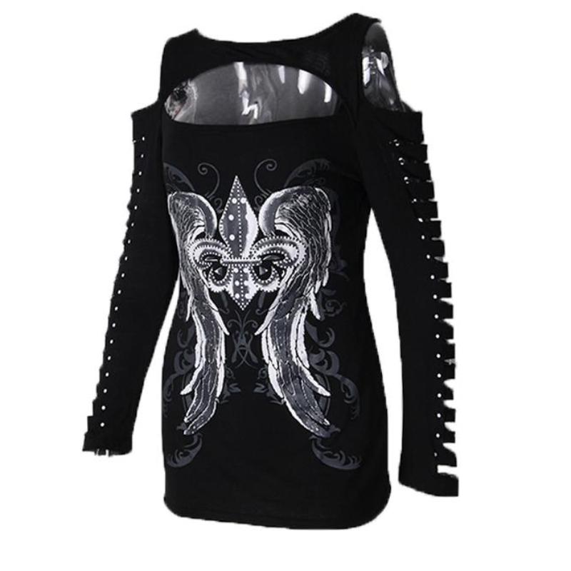 Wings Printed Punk Hollow Out Long Sleeve-women-wanahavit-Black-S-wanahavit