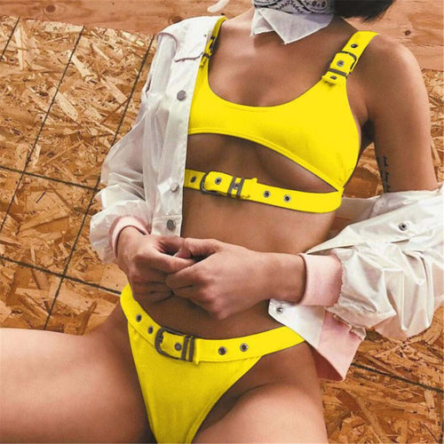 Load image into Gallery viewer, Sexy Buckle Straps Brazilian Bather Bikini-women fitness-wanahavit-Yellow-L-wanahavit

