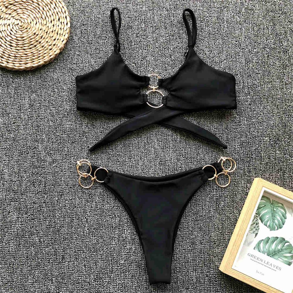 Metal Rings Leopard Brazilian Bikini Women Swimwear Female Swimsuit Two-piece Bikini set Thong Bather Bathing Suit Swim V1441