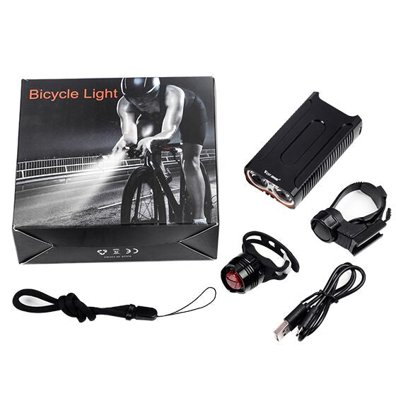 Waterproof Bicycle Lights MAX 2400LM USB Charging 2 LED Cycling Headlight Front Lamp + Free Taillight Bike Light