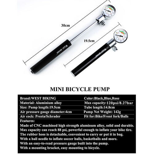 Load image into Gallery viewer, Mini Bicycle Pump With Pressure Gauge 120 PSI Hand Cycling Pump Presta and Schrader Ball Road MTB Tire Bike Pump
