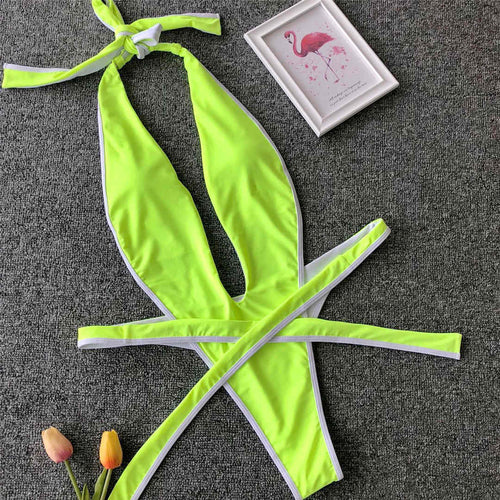 Load image into Gallery viewer, Neon Green Women Swimwear High Cut Backless One Piece Swimsuit Female Bather Sexy Halter Bathing Suit Swim Monokini V1336G
