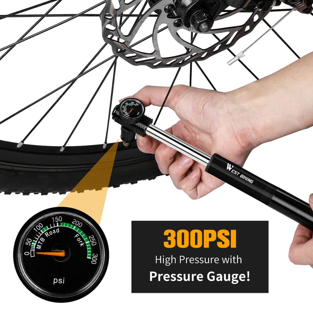300 Psi Mini Bike Pump With Gauge Mountain Road Bicycle High Pressure Hand Air Pump CNC Cycling Pump Tire Inflator