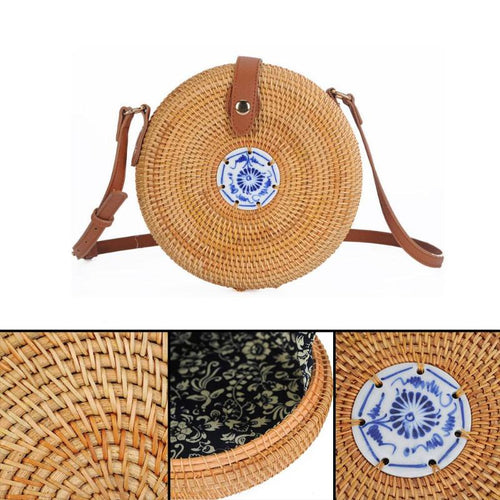 Load image into Gallery viewer, Small Decorative Flap Round Straw Rattan Bag-women-wanahavit-wanahavit
