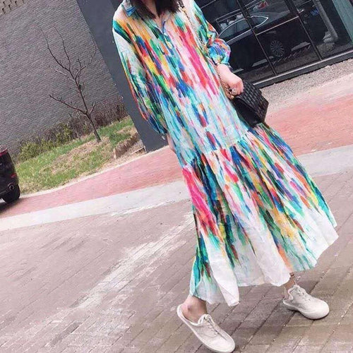 Load image into Gallery viewer, Summer Colorful Women Dress Lapel Lantern Sleeve Button Loose Ankle Length Dresses Female Fashion
