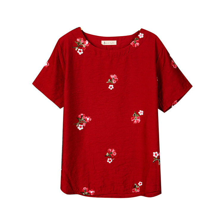 Embroidery Flowers Loose Short Sleeve Shirt-women-wanahavit-Wine red-One Size-wanahavit