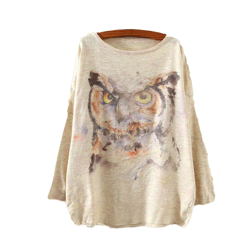 Watercolor Owl Printed Knitted Long Sleeve-women-wanahavit-One Size-wanahavit