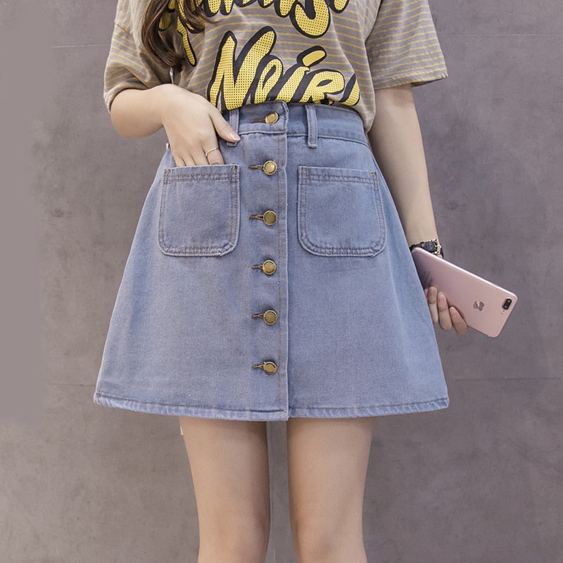 Vintage Women Denim Mini Skirt Summer High Waist A-line Korean Single Button Female Jeans Harajuku Cotton Street Wear