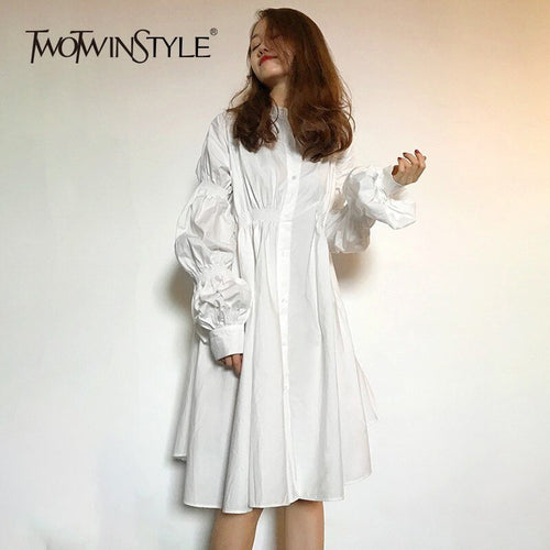 Load image into Gallery viewer, Puff Sleeve Shirt Dress Women Ruched Oversized Casual Dress Female Casual Fashion Clothing Big Size Spring
