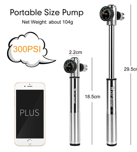 300 Psi Mini Bike Pump With Gauge Mountain Road Bicycle High Pressure Hand Air Pump CNC Cycling Pump Tire Inflator