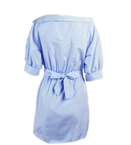 Fashionable One Shoulder Blue Striped Sexy Side Split Beach Dress-women-wanahavit-S-wanahavit