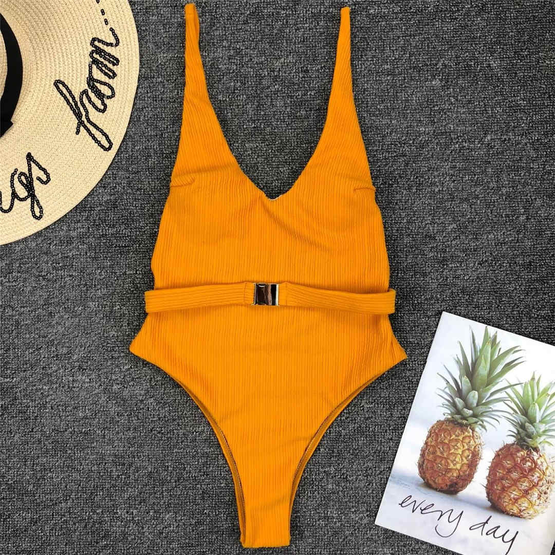 6 Colors Sexy Women Swimwear Ribbed High Cut One Piece Swimsuit Female Bather With Belt Bathing Suit Swim Monokini Lady V1159