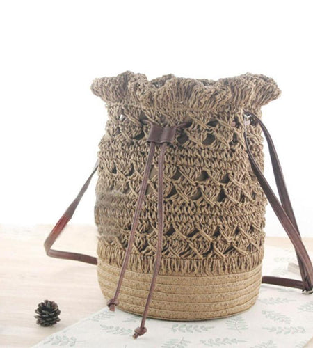 Straw Bucket Shoulder Drawstring Bag-women-wanahavit-Beige-wanahavit