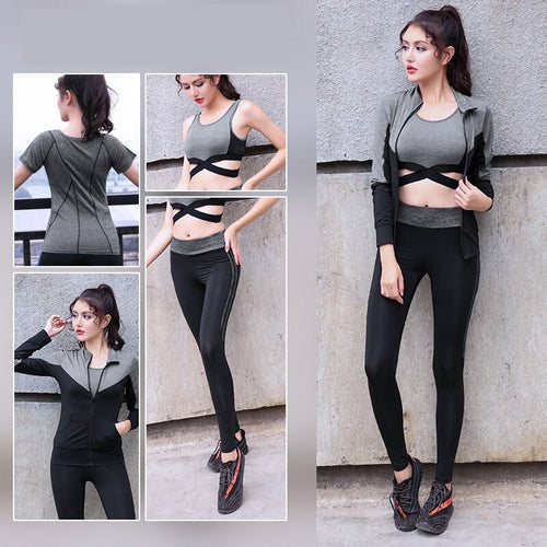 Load image into Gallery viewer, Quick Dry Yoga Set 4 PCS Workout Tight Sexy Top Sportswear Suit Gym Running Shirt Pants Sport Bra Women&#39;s Tracksuit
