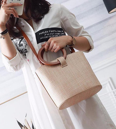 Wooden Circle Handle Knitted Straw Bamboo Bag-women-wanahavit-wanahavit