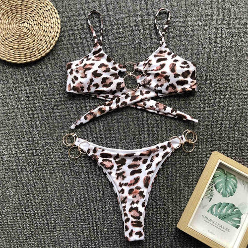 Load image into Gallery viewer, Metal Rings Leopard Brazilian Bikini Women Swimwear Female Swimsuit Two-piece Bikini set Thong Bather Bathing Suit Swim V1441
