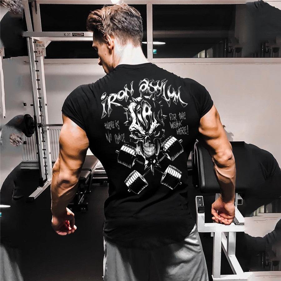 Gym Fitness T-shirt Men Summer Casual Print Cotton Short Sleeve Tee Shirt Male Bodybuilding Workout Black Tops Training Clothing