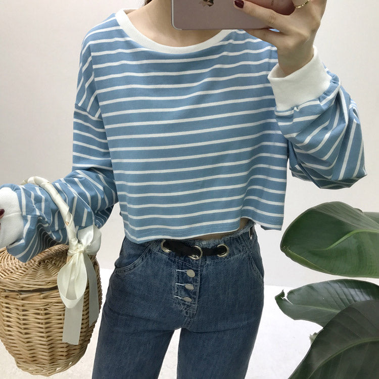 Autumn Striped Crop Top Long Sleeve-women-wanahavit-Blue-One Size-wanahavit