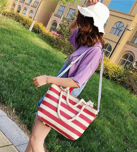 Bucket Shape Striped Large Shoulder Bag-women-wanahavit-Red-wanahavit