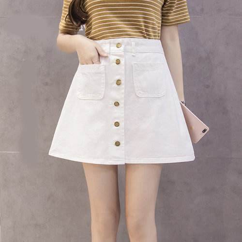 Load image into Gallery viewer, Vintage Women Denim Mini Skirt Summer High Waist A-line Korean Single Button Female Jeans Harajuku Cotton Street Wear
