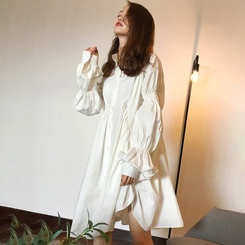 Load image into Gallery viewer, Puff Sleeve Shirt Dress Women Ruched Oversized Casual Dress Female Casual Fashion Clothing Big Size Spring
