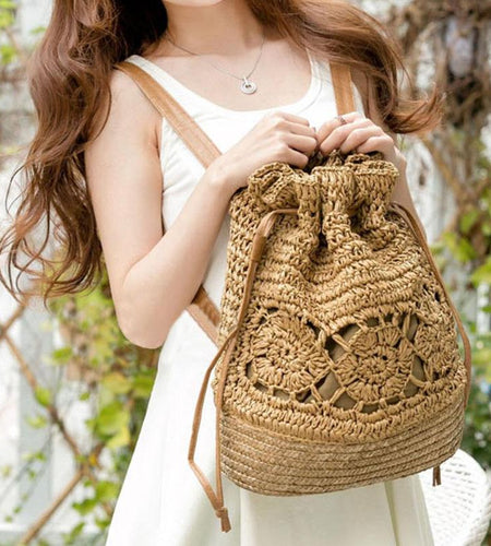 Bohemian Straw Drawstring Backpack-women-wanahavit-Khaki-wanahavit