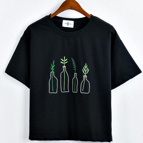 Load image into Gallery viewer, Plants n Bottle Embroidery Korean Style Shirt-women-wanahavit-Black-One Size-wanahavit
