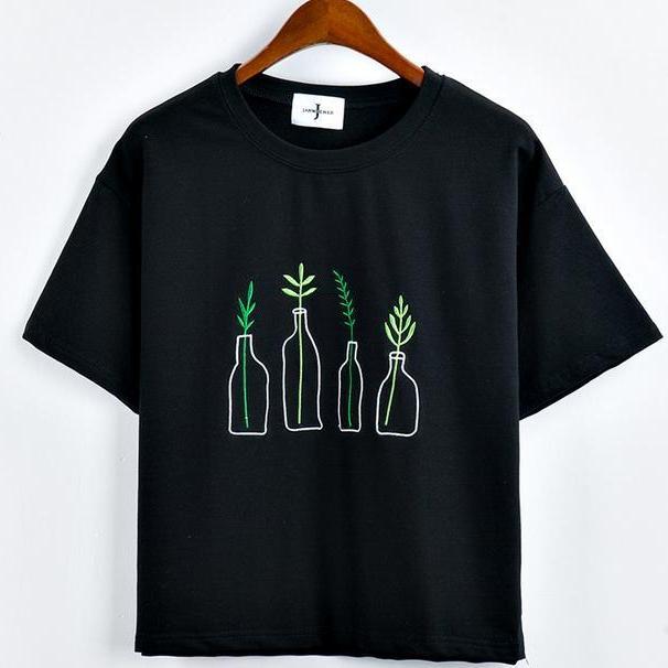 Plants n Bottle Embroidery Korean Style Shirt-women-wanahavit-Black-One Size-wanahavit